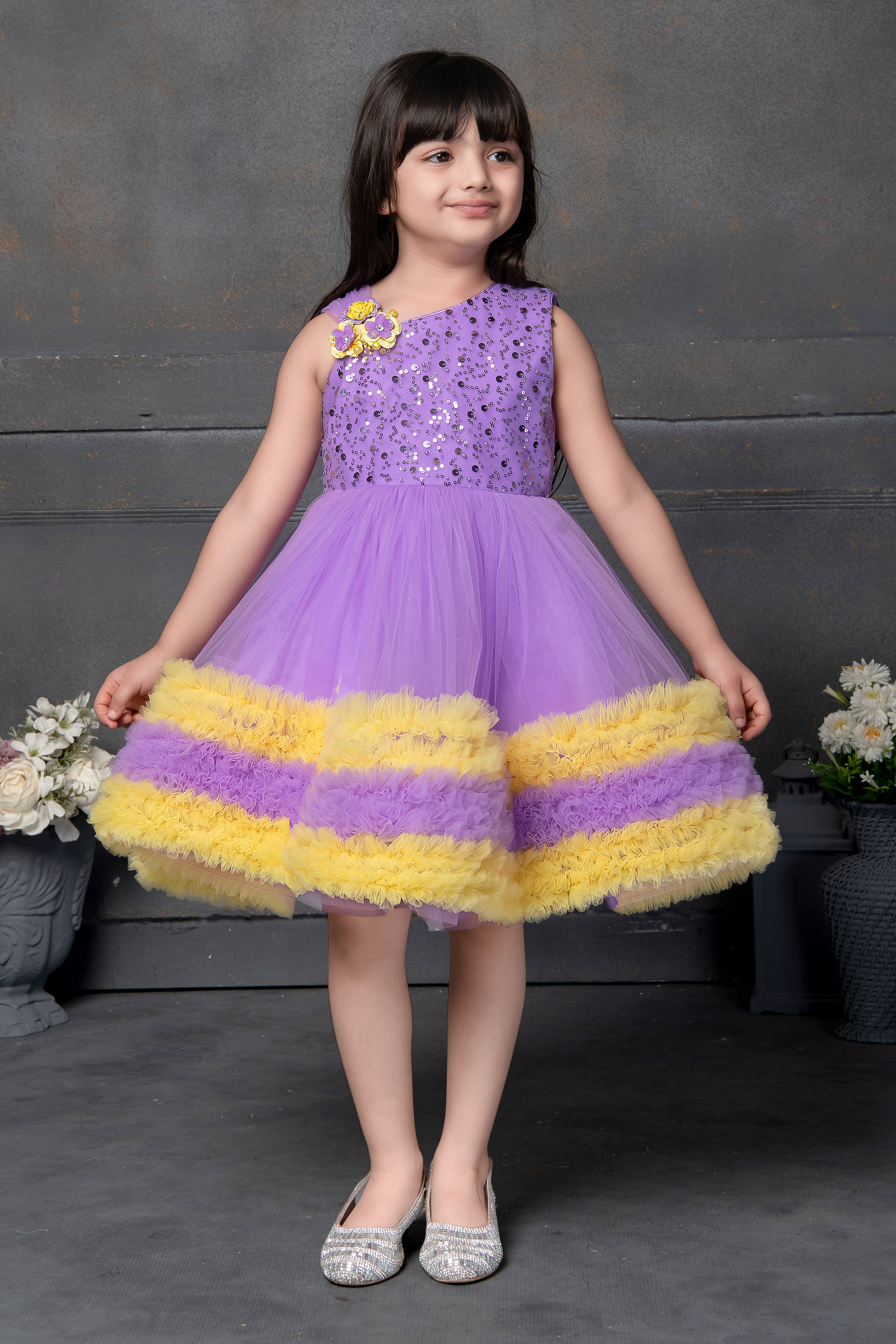 Kids Partywear Frocks - Purple,Yellow